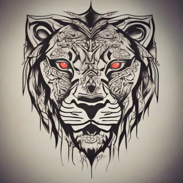 Black lion with glowing red eyes Design Featuring stencil style tattoo