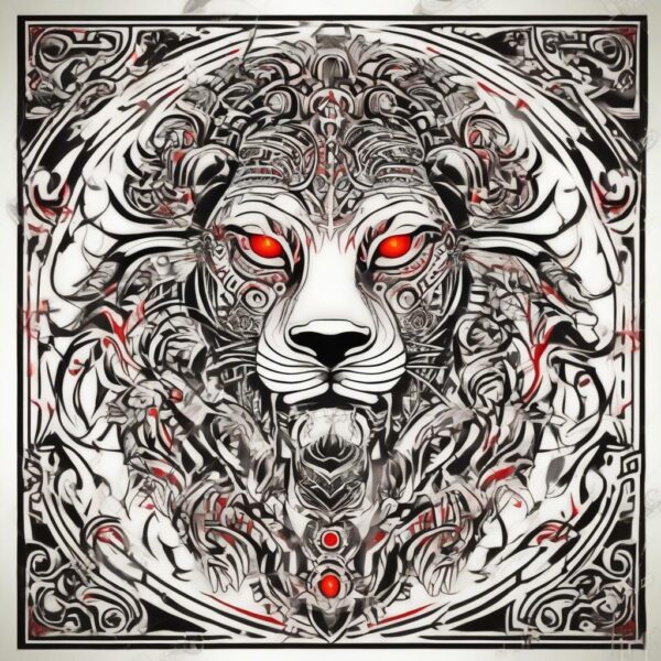 Black lion with glowing red eyes Design Featuring tribal style tattoo