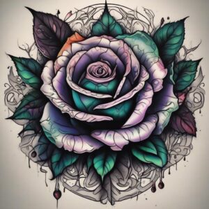 Black rose covered in morning dew Design Featuring neo-traditional style tattoo