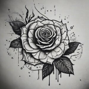 Black rose covered in morning dew Design Featuring stencil style tattoo