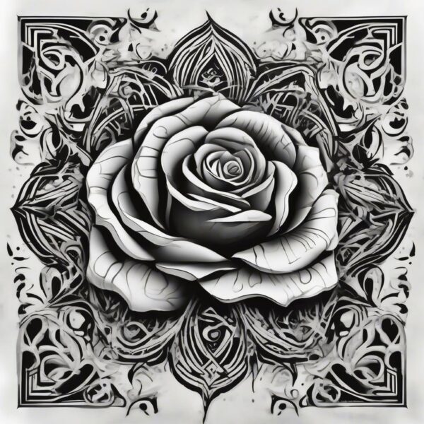 Black rose covered in morning dew Design Featuring tribal style tattoo