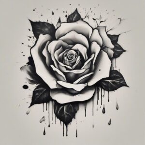 Black rose covered in morning dew Design Featuring stencil style tattoo