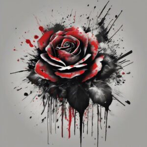 Black rose covered in morning dew Design Featuring trash polka style tattoo