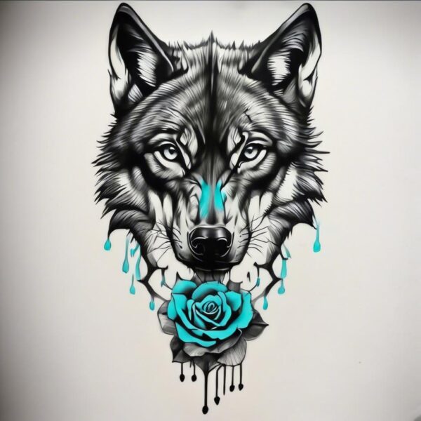 Black wolf with glowing cyan markings Design Featuring stencil style tattoo