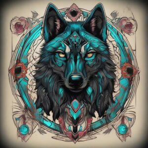 Black wolf with glowing cyan markings Design Featuring neo-traditional style tattoo