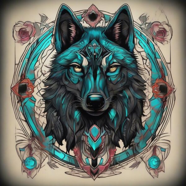 Black wolf with glowing cyan markings Design Featuring neo-traditional style tattoo