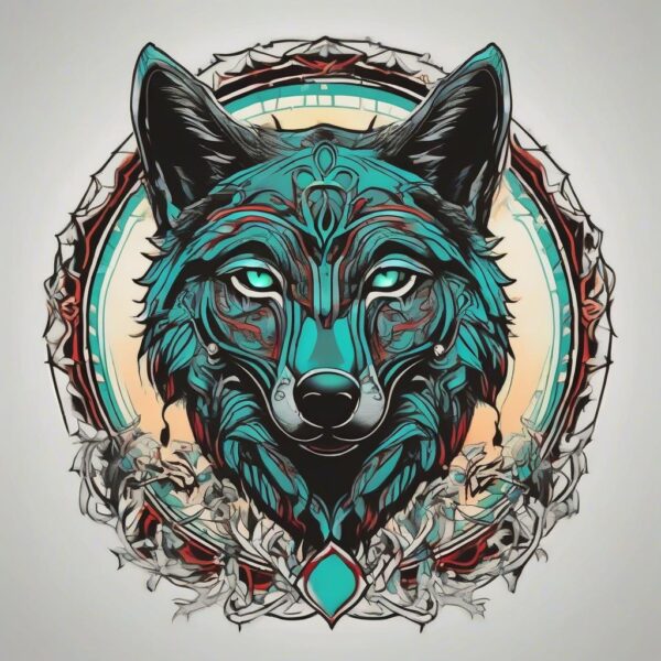 Black wolf with glowing cyan markings Design Featuring traditional style tattoo