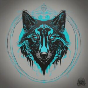 Black wolf with glowing cyan markings Design Featuring stencil style tattoo