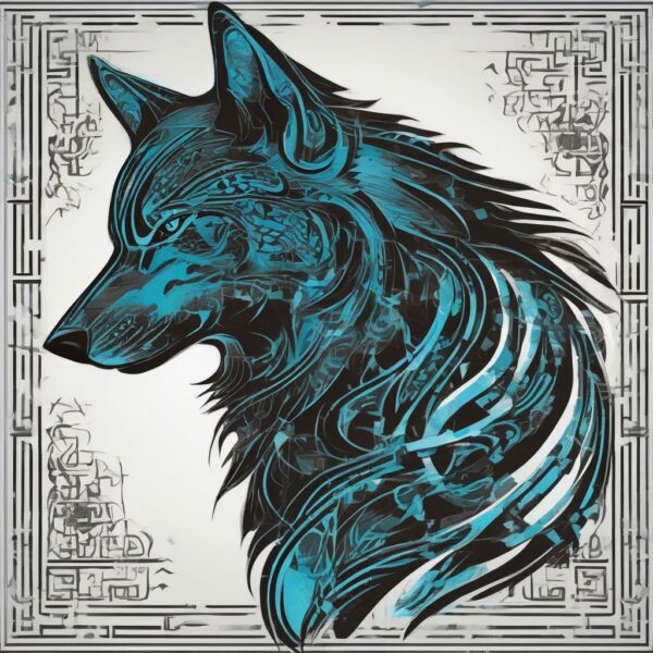 Black wolf with glowing cyan markings Design Featuring tribal style tattoo