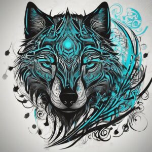 Black wolf with glowing cyan markings Design Featuring tribal style tattoo