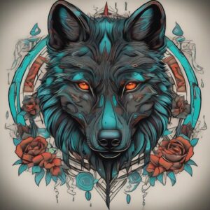 Black wolf with glowing cyan markings Design Featuring neo-traditional style tattoo