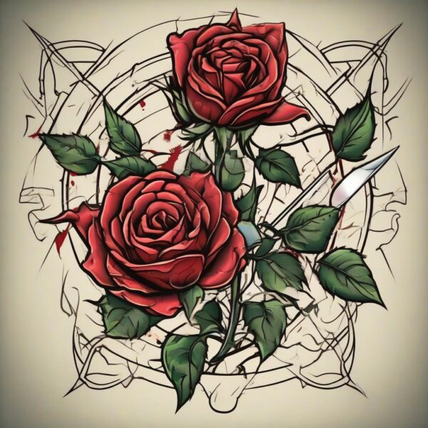 Blood-red rose with razor-sharp thorns Design Featuring traditional style tattoo