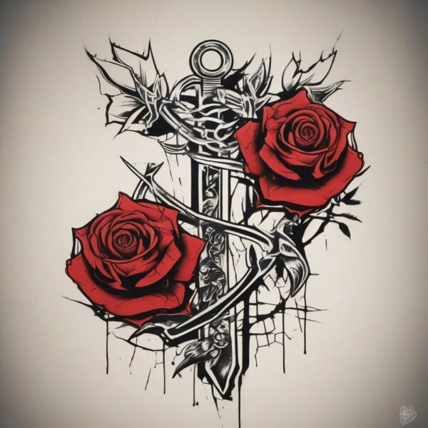 Blood-red rose with razor-sharp thorns Design Featuring stencil style tattoo