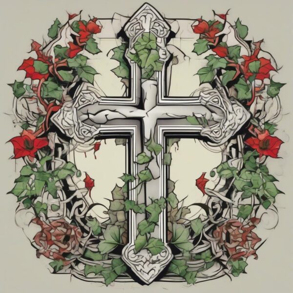 Broken stone cross covered in ivy Design Featuring traditional style tattoo