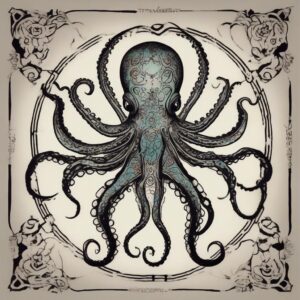 Crimson octopus with bioluminescent patterns Design Featuring stencil style tattoo