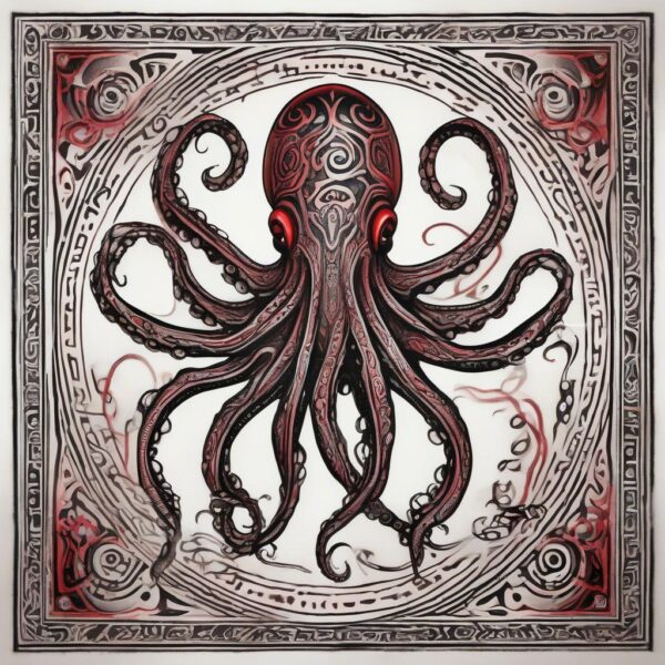 Crimson octopus with bioluminescent patterns Design Featuring tribal style tattoo