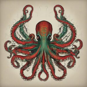 Crimson octopus with bioluminescent patterns Design Featuring traditional style tattoo