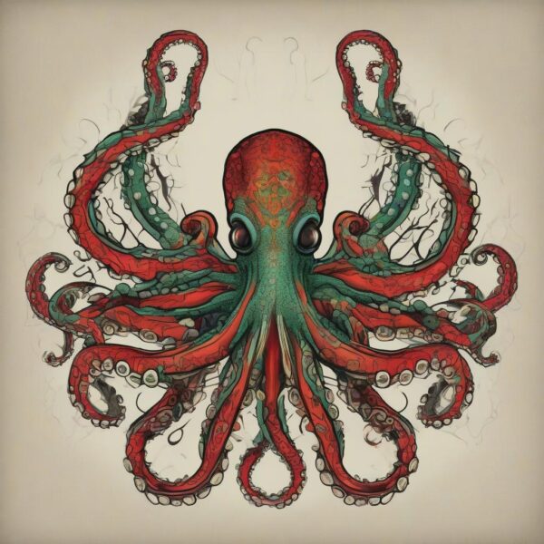 Crimson octopus with bioluminescent patterns Design Featuring traditional style tattoo