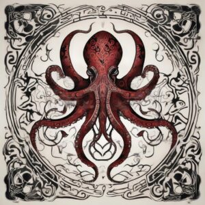 Crimson octopus with bioluminescent patterns Design Featuring tribal style tattoo