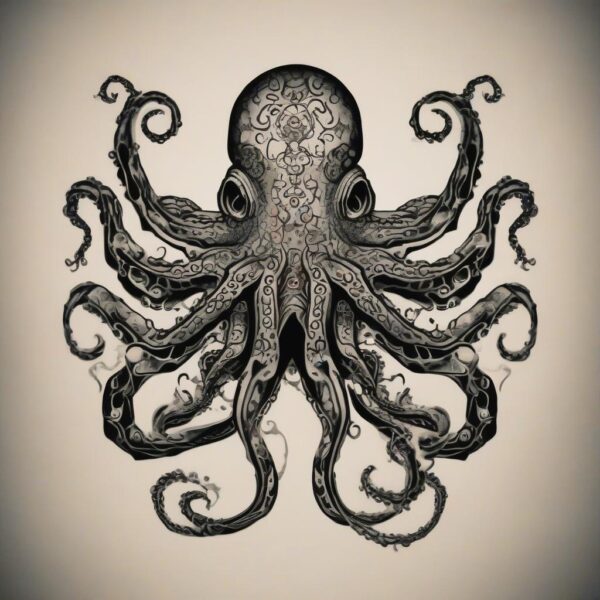 Crimson octopus with bioluminescent patterns Design Featuring stencil style tattoo