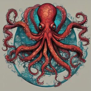 Crimson octopus with bioluminescent patterns Design Featuring neo-traditional style tattoo