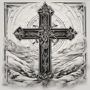 Cross buried deep in a snowy battlefield Design Featuring stencil style tattoo