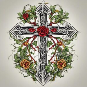 Cross entwined with thorny vines Design Featuring traditional style tattoo