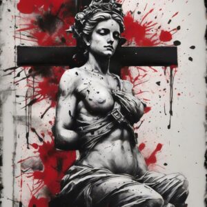 Cross held in the hand of a marble statue Design Featuring trash polka style tattoo