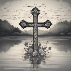 Cross reflected in the waters of a sacred lake Design Featuring stencil style tattoo