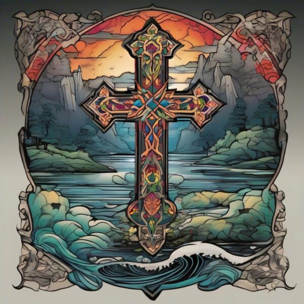 Cross reflected in the waters of a sacred lake Design Featuring neo-traditional style tattoo