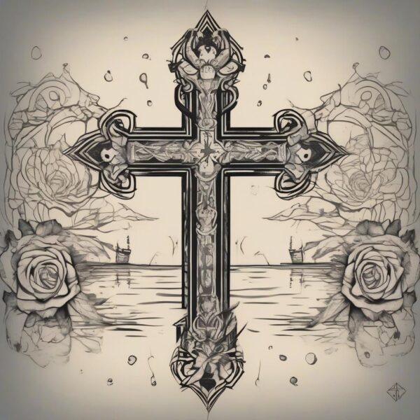 Cross reflected in the waters of a sacred lake Design Featuring stencil style tattoo