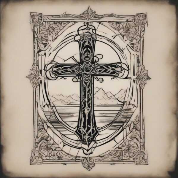 Cross reflected in the waters of a sacred lake Design Featuring stencil style tattoo