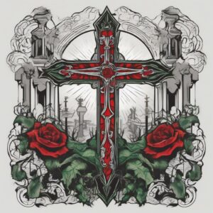 Cross standing alone in a misty graveyard Design Featuring traditional style tattoo