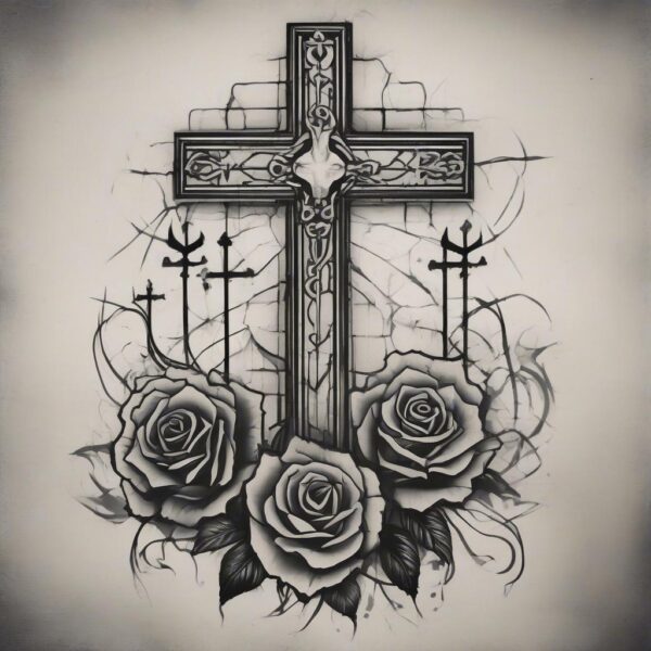 Cross standing alone in a misty graveyard Design Featuring stencil style tattoo