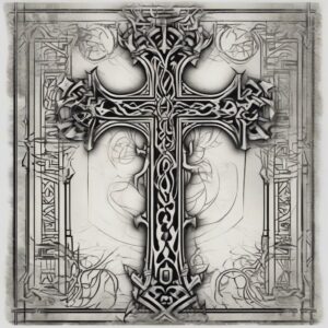 Cross standing alone in a misty graveyard Design Featuring tribal style tattoo