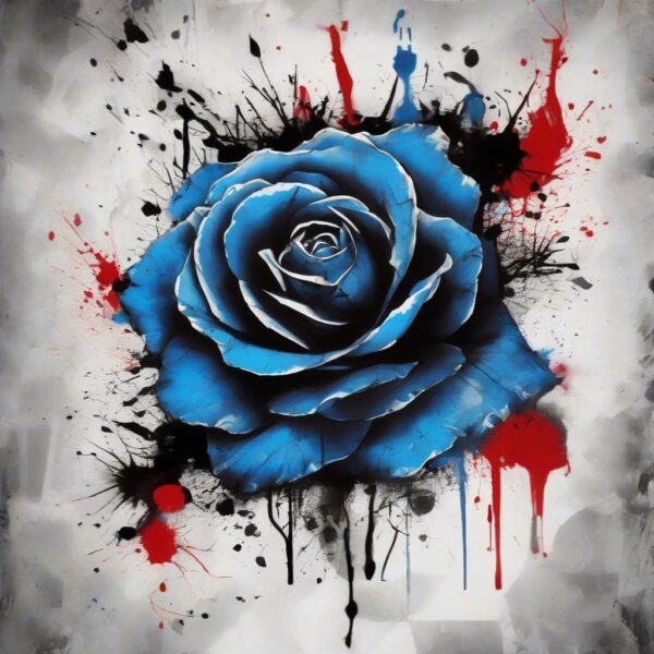 Glowing blue rose emitting a soft light Design Featuring trash polka style tattoo