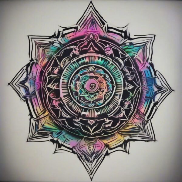 Glowing neon mandala with shifting colors Design Featuring stencil style tattoo