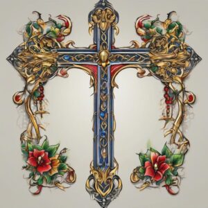 Golden cross encrusted with sapphire gems Design Featuring traditional style tattoo