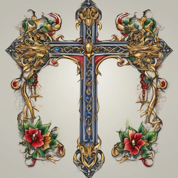 Golden cross encrusted with sapphire gems Design Featuring traditional style tattoo