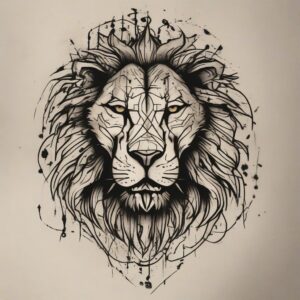 Golden lion with battle scars across its face Design Featuring stencil style tattoo