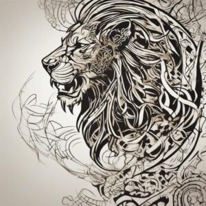 Golden lion with battle scars across its face Design Featuring tribal style tattoo