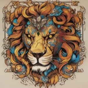 Golden lion with battle scars across its face Design Featuring neo-traditional style tattoo