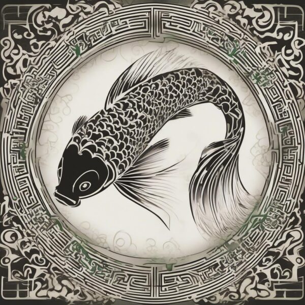 Koi fish circling a glowing jade stone Design Featuring tribal style tattoo