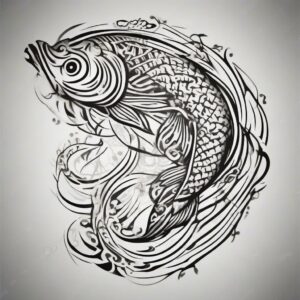 Koi fish circling a glowing jade stone Design Featuring tribal style tattoo