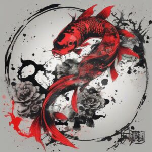 Koi fish circling a glowing jade stone Design Featuring trash polka style tattoo