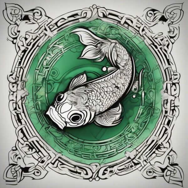 Koi fish circling a glowing jade stone Design Featuring tribal style tattoo