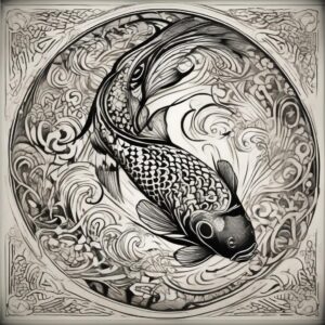 Koi fish forming a yin-yang pattern in the water design featuring tribal style tattoo