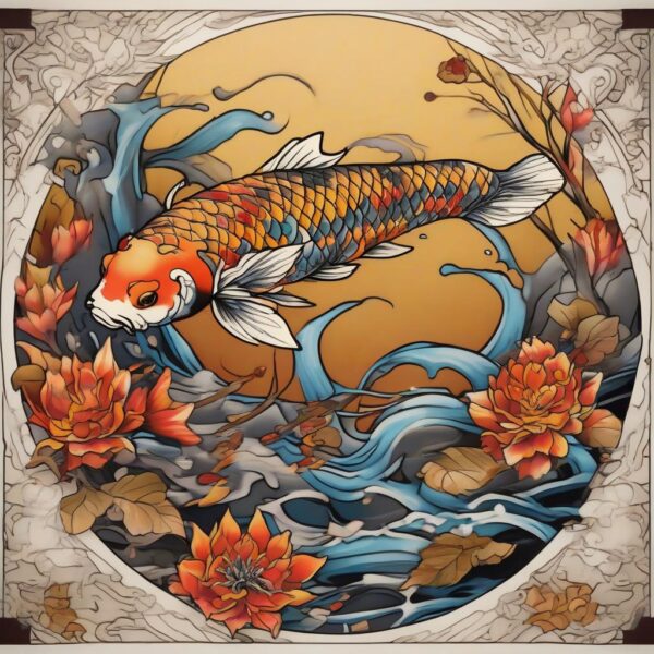 Koi fish gliding through a golden autumn pond Design Featuring neo-traditional style tattoo