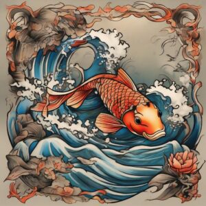 Koi fish leaping over a gentle waterfall Design Featuring neo-traditional style tattoo