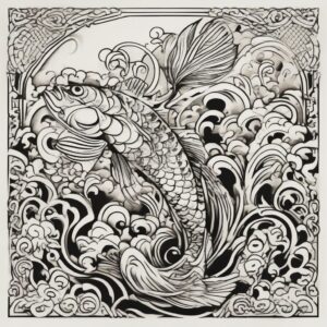 Koi fish leaping over a gentle waterfall Design Featuring tribal style tattoo